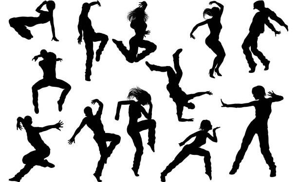 Goyang a set of men and women street dance hip hop dancers in silhouette